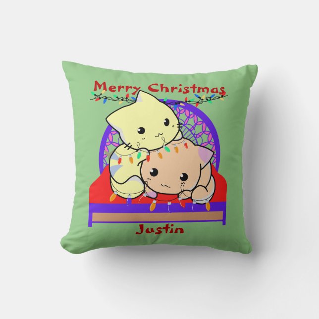 Almofada Natal de gato na cama, nome personalizado (Frente)