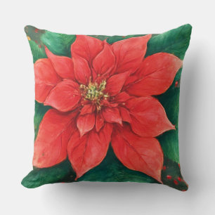 Almofada Natal de Poinsettia Vermelha em Aquarela