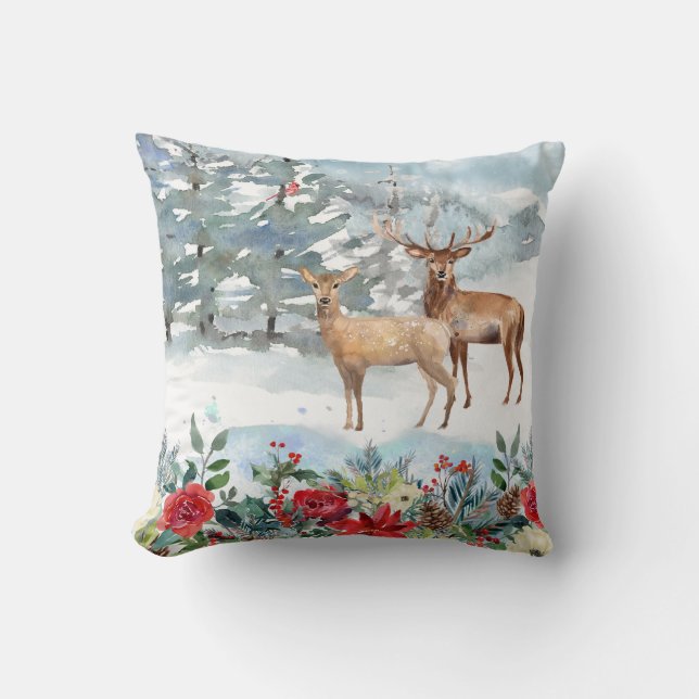 Almofada Natal em Aquarela com Cervos na Floresta (Frente)