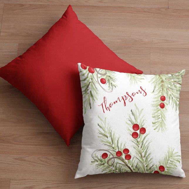 Almofada Natal Holly Vermelho e Verde (Christmas holiday greenery and red holly berries throw pillow. )