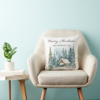 Almofada Natal Manuscrito Aconchegante de Cabana em Aquarel