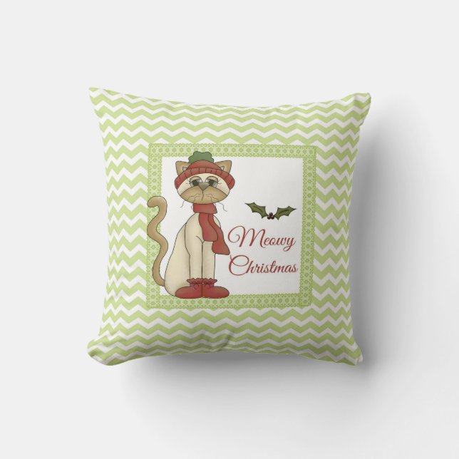 Almofada Natal Meowy Kitty com fundo de chevron verde (Frente)
