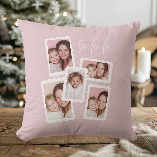 Almofada Natal Moderno Rosa “Fa La La” com Múltiplas Fotos (Criador carregado)