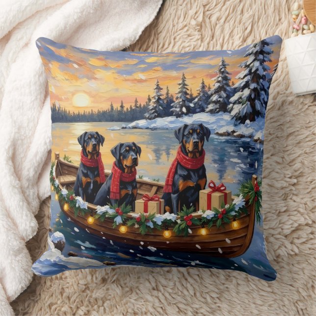 Almofada Natal no barco com Rottweiler (Cobertor)