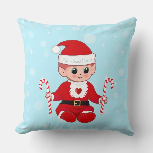Almofada Natal Papai Noel Bebê e Bengalas em Azul Claro (Frente)