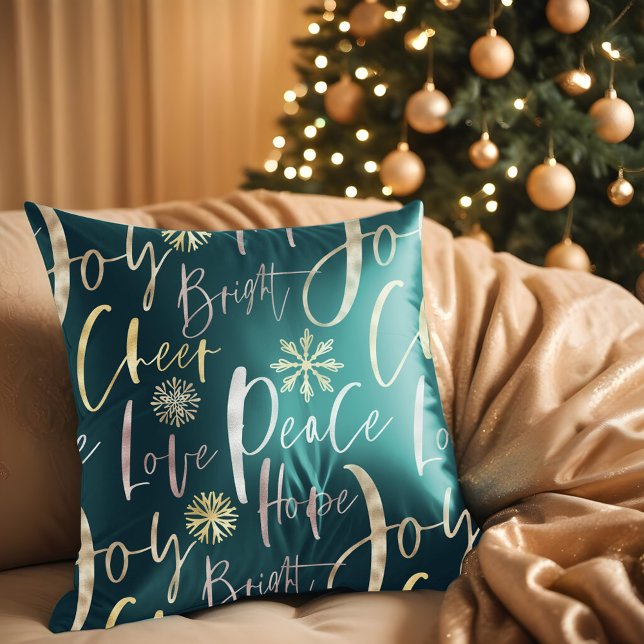 Almofada Natal Típico de Script Shinny Cheer de Férias (Holiday Cheer Shinny Script Typographic Christmas Throw Pillow)