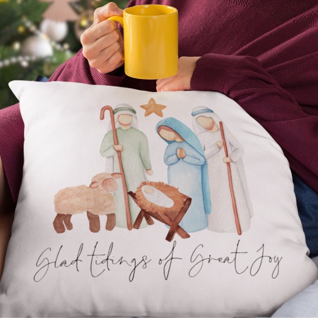 Almofada Natividade Scense Script Glad Tidings of Excelente (Mary Joseph baby Jesus and Shepherd Glad Tidings Pillow. Same design both sides)