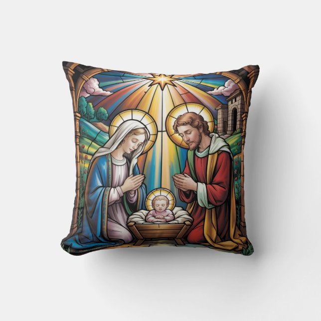 Almofada Nativity Stained Glass Art – Holy Family Christmas (Frente)