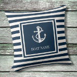 Almofada Náutica Ancoradora Nome Marinho Blue Strik<br><div class="desc">Design náutica com âncora,  riscas azuis e brancas de marinho na moda e personalizadas com o nome do barco. Projetado por Thisnotme©</div>
