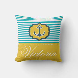 Almofada Náutica Aqua Azul Amarelo Stripes Ancora Personali