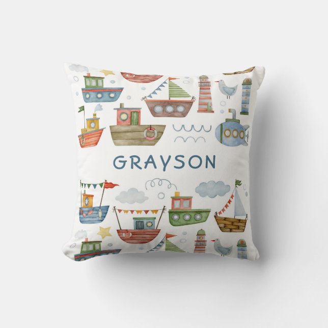 Almofada Náutica Náutica Cócica Barcos Bebê Menino Nome (Frente)