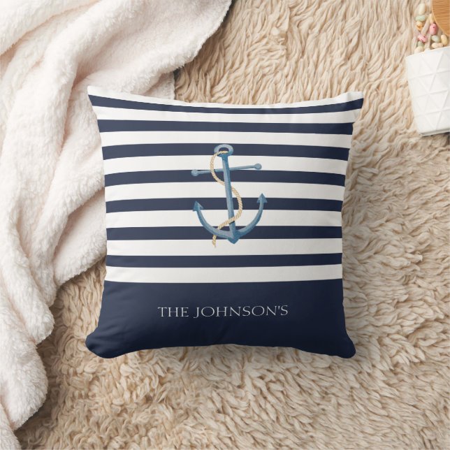 Almofada Nautical Navy Striped Anchor Coastal (Cobertor)