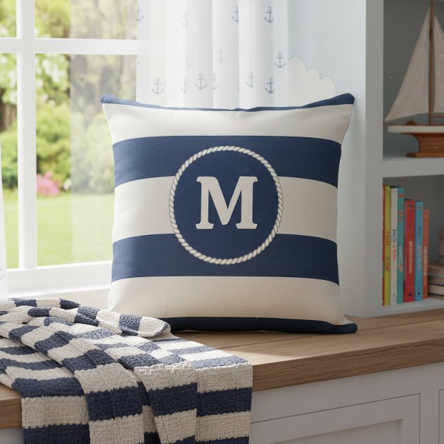 Almofada Nautical Striped Weave Monogram Navy White ID1248 (Criador carregado)