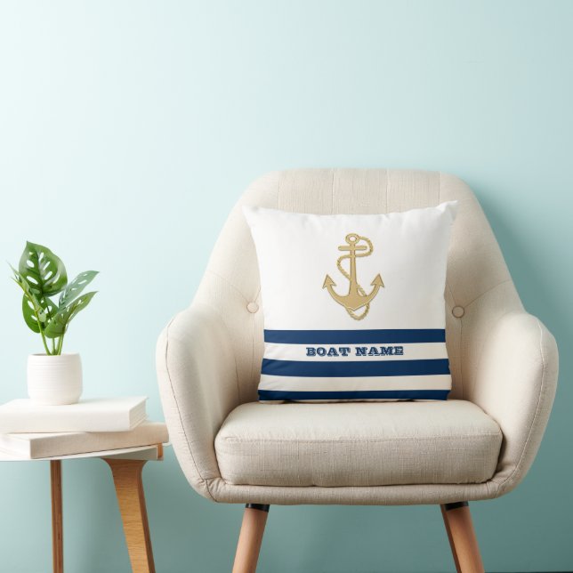 Almofada Náutico, Âncora Dourada  Azul Marinho Listras Bran (Cadeira)