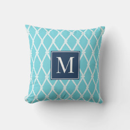 Almofada Náutico Preppy Costeiro Monograma Turquesa & Azul 