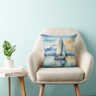 Almofada Nave-vela com aquarela em lago ao sol