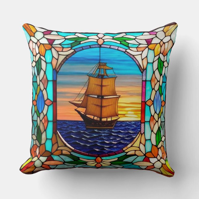 Almofada Navio à Vela ao Pôr do Sol (Frente)