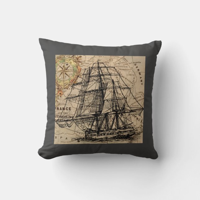Almofada Navio Antigo e Mapa (Frente)