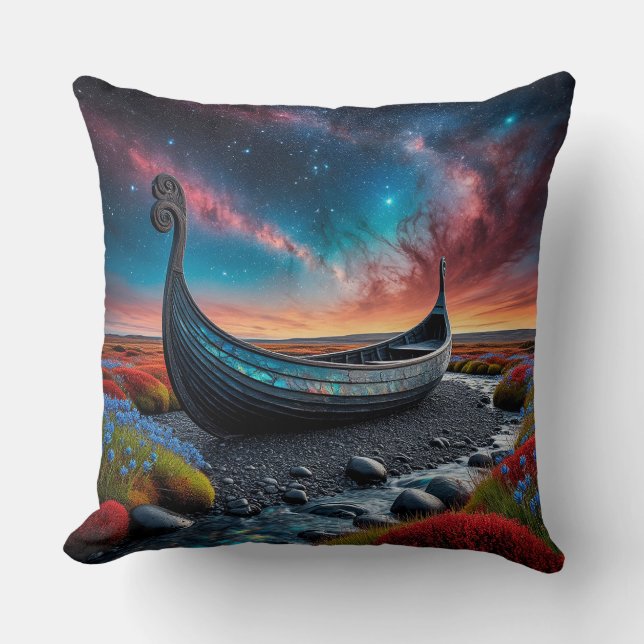 Almofada Navio Longo Viking em uma Paisagem Vibrante (Frente)