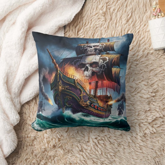 Almofada Navio Pirata Batendo em Stormy Seas em Dusk (Cobertor)