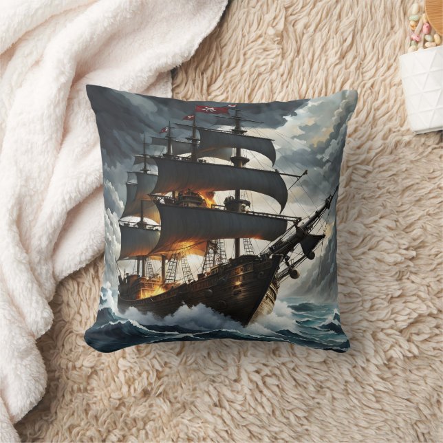Almofada Navio Pirata Batendo em Stormy Seas em Dusk (Cobertor)