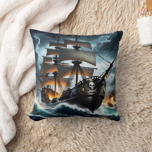 Almofada Navio Pirata Batendo em Stormy Seas em Dusk (Cobertor)