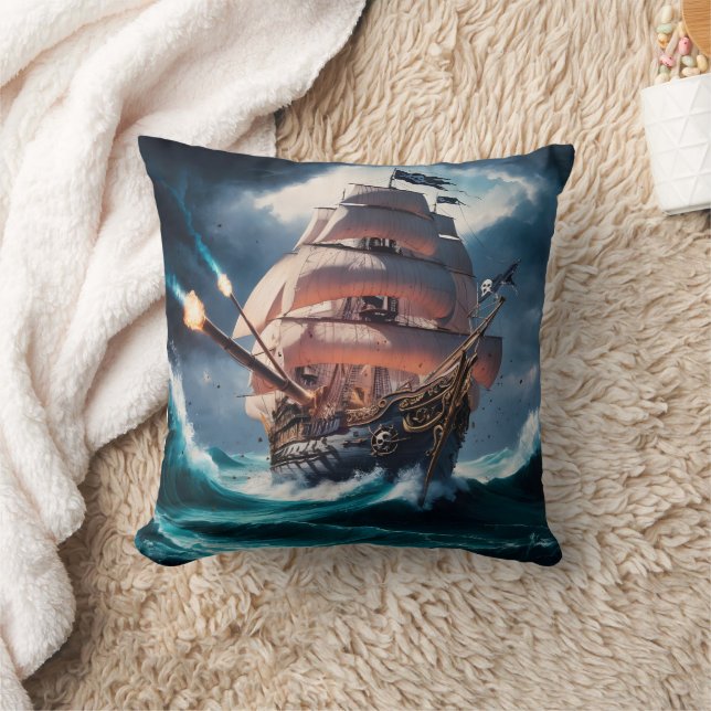 Almofada Navio Pirata Navegando em Stormy Seas em Dusk (Cobertor)