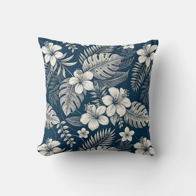 Almofada Navy Blue Hibiscus Monstera Tropical Botanical (Frente)