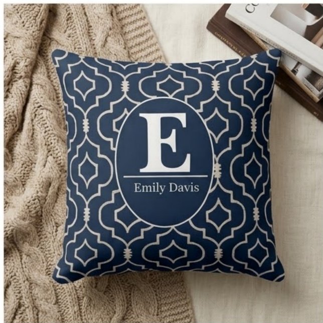 Almofada  Navy Blue Trellis Monogram Personalized Custom  (Criador carregado)