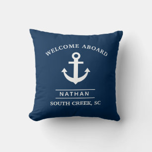 Almofada Navy Blue Welcome Aboard Custom Monogram Name