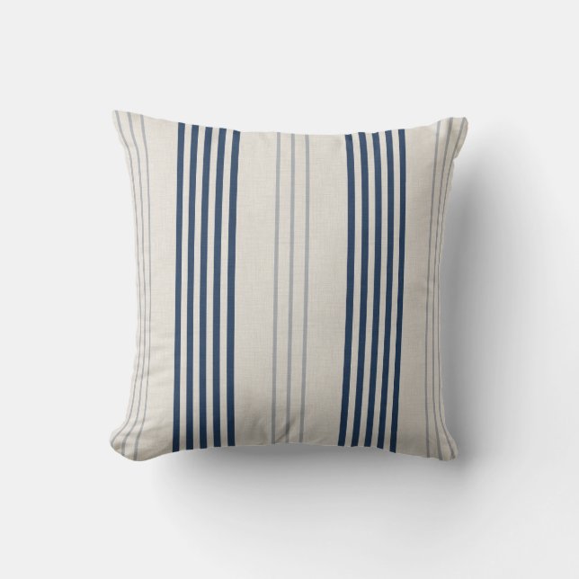 Almofada Navy Slate Ticking Stripe Linen Texture (Frente)