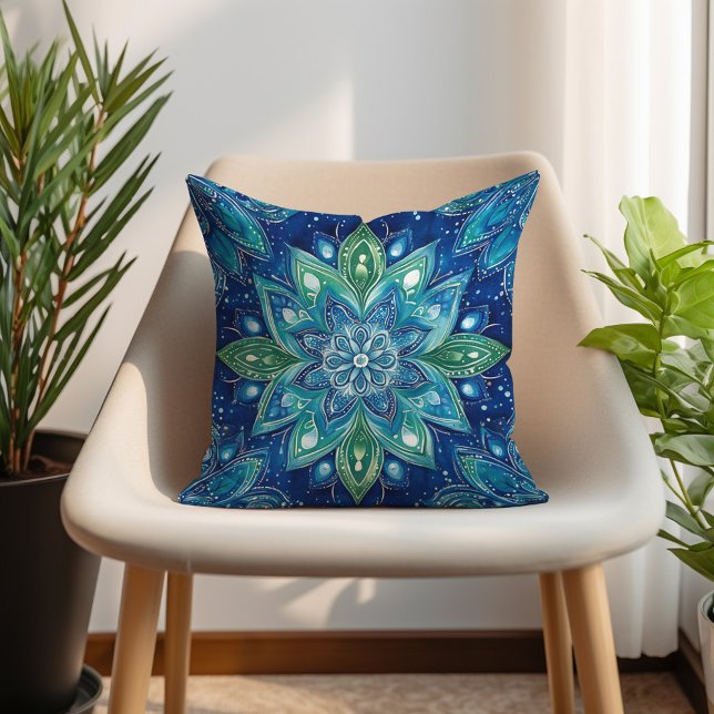Almofada Navy Verde Turquesa Mandela Boho (Navy Green Turquoise Mandela Boho Throw Pillow)