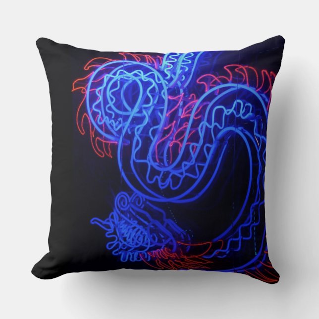 Almofada Neon Blue Dragon Black Background Bright (Frente)