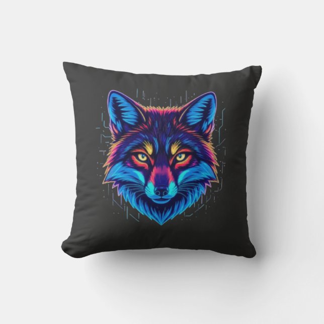 Almofada Neon Fox Face – Vibrant Glowing Design (Frente)