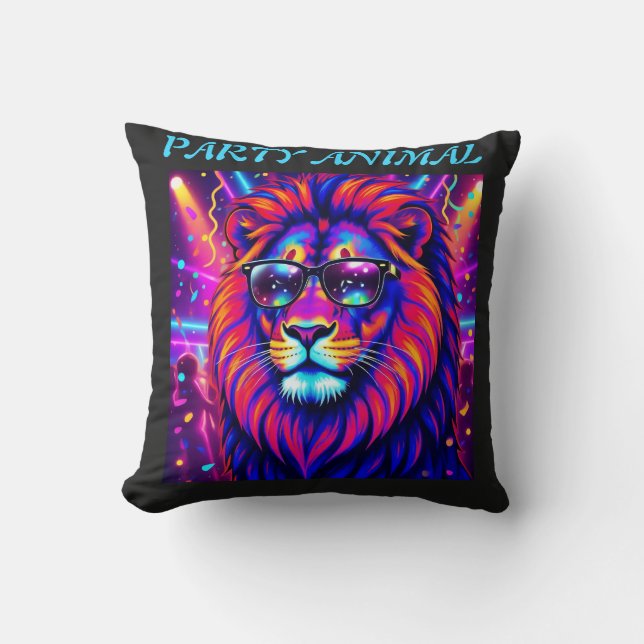 Almofada Neon Lion Party Animal – Colourful Retro Graphic (Frente)