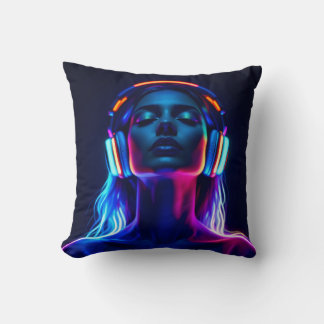 Almofada Neon Music Meditation – Woman with Headphones Art