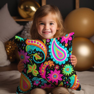 Almofada Neon Paisley Preto Rosa Azul Colorido