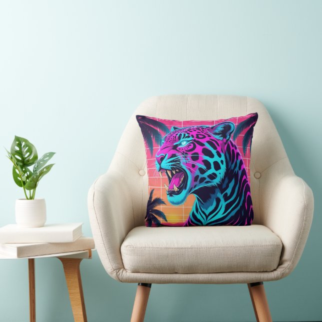 Almofada Neon Retro Jaguar - Vibrante Synthwave 80s Animal  (Cadeira)