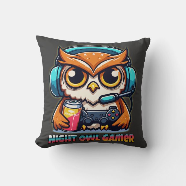 Almofada Night Owl Gamer Mascot Fun Gaming Illustration (Frente)