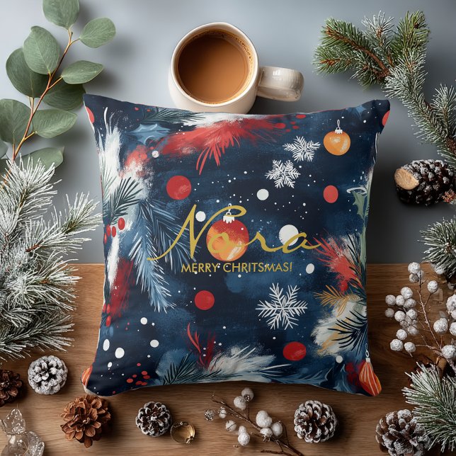 Almofada Night Sky Holiday Pine and Ornament Design (Criador carregado)