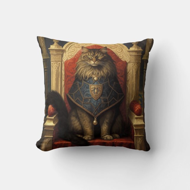 Almofada Nobre Gato Maine Coon Trono Arte Impressa (Frente)