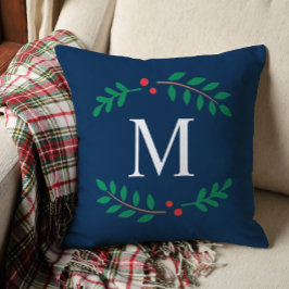 Almofada Nobre Monograma de Natal em Azul Marinho com Louro
