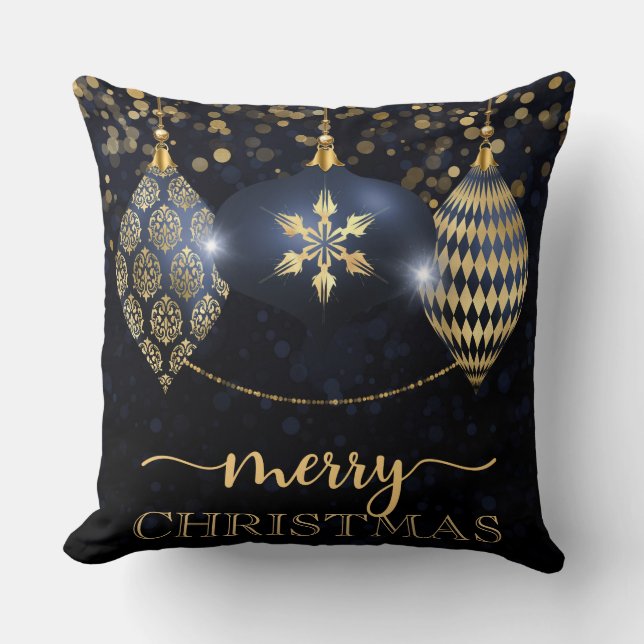 Almofada Nobre Natal Alegre em Azul Marinho e Dourado (Frente)