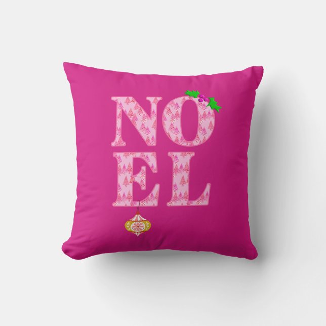 Almofada NOEL em um padrão de árvore de Natal rosa (Frente)