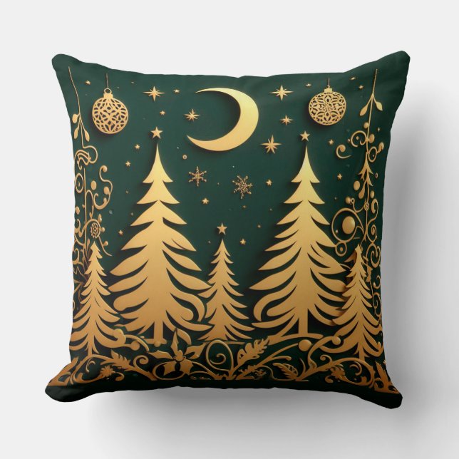 Almofada Noite Encantada – Padrão de Árvore de Natal ao Lua (Frente)