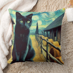 Almofada Noite Estrelada Gato Preto Olhos Verdes