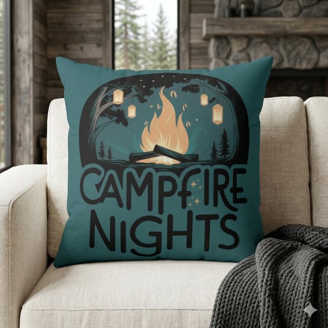 Almofada Noites Aconchegantes à Luz da Fogueira Aventura Rú (Cozy Campfire Nights Rustic Outdoor Adventure Throw Pillow Mockup A)