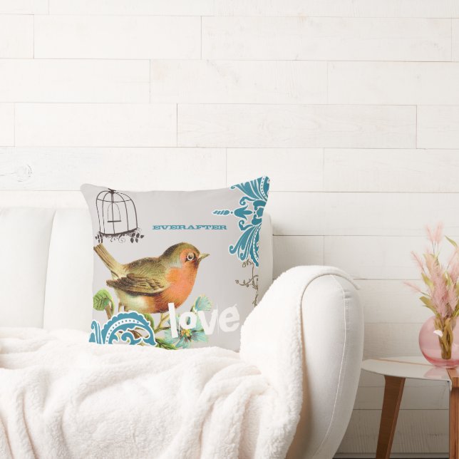 Almofada Noiva Para Sempre Teal Coral Cinza Passarinho Fofo (Sofá)