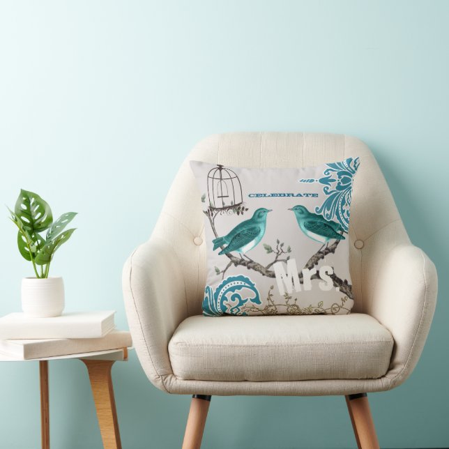 Almofada Noiva Teal Damask Love Bird Bircage (Cadeira)