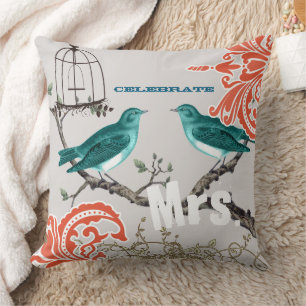 Almofada Noiva Teal & Tangerine Damask Love Bird Birdcage